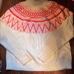 White and Pink Cowl Neck Sweater with Intricate Design